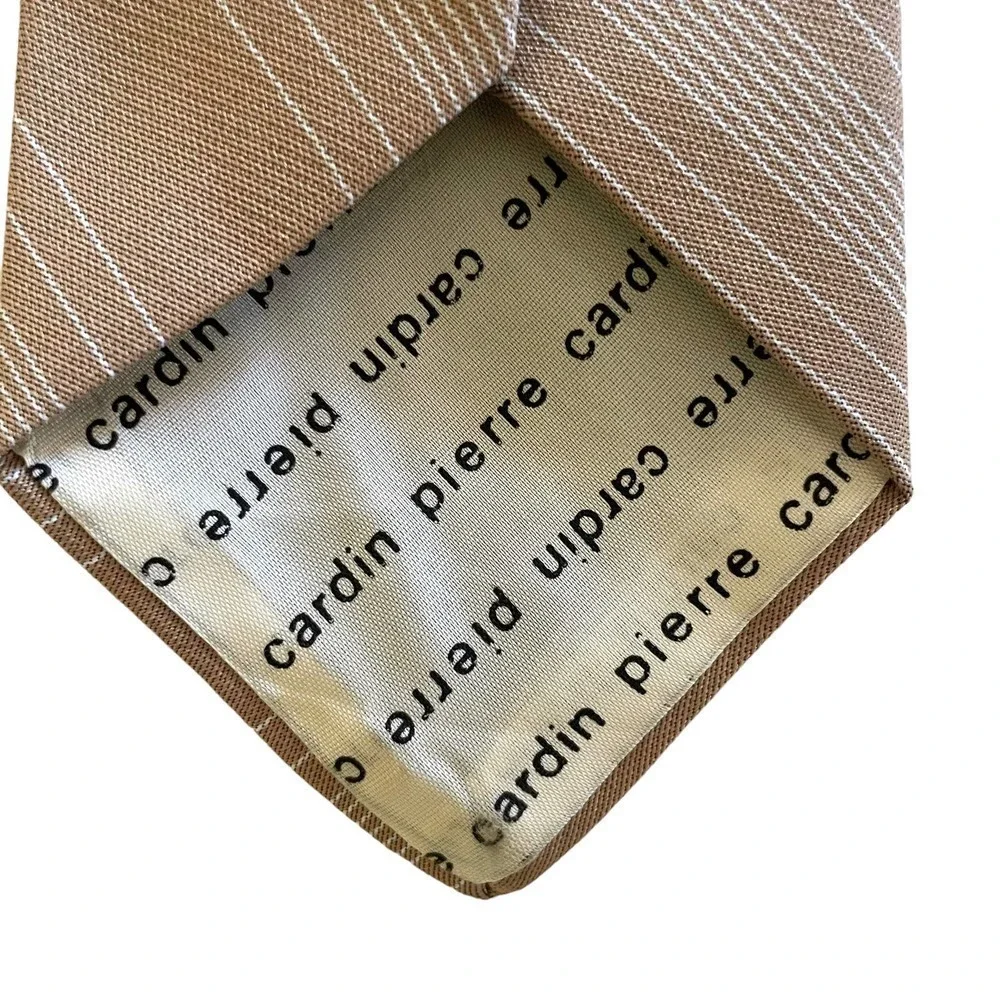 Vintage Pierre Cardin Embroidered Logo Striped Tan Polyester Tie